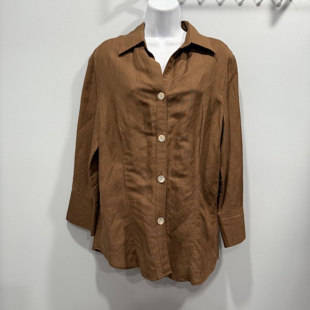 East 5th Linen Blend Lagenlook Minimalist Boho Button Up Blouse Brown Womens M - Picture 5 of 10